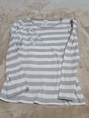 Gymboree Gray and White Striped Long Sleeve Shirt with Floral Sequin Detail